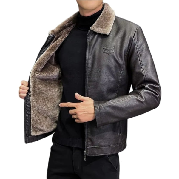 Stylish men's leather jacket with fur and lining for everyday warmth and comfort. - HT