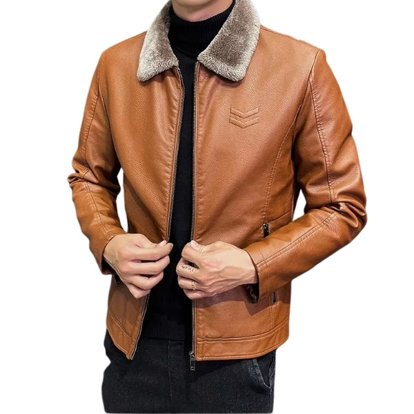 Stylish men's leather jacket with fur and lining for everyday warmth and comfort.